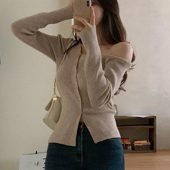 Mocha Brown Casual Womens Solid Asymmetrical Neck Button Through Ribbed Knit Ca… - Picture 5 of 5